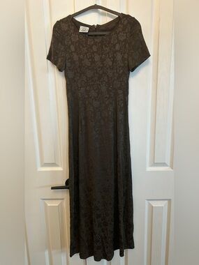Vintage Laura Ashley Jacquard Maxi Dress Empire Waist Brown 6